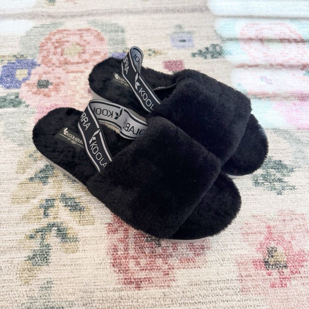 Koolaburra by Ugg Womens Fuzz’N II Sandals Size‎ 8 Faux Fur Black White Open Toe